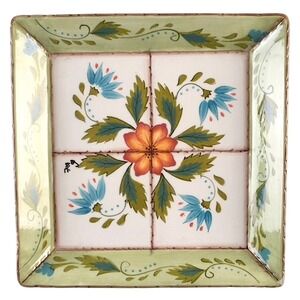 Clay Art Hand Painted Floral Square Ceramic Platter Mediterranean Tile Style